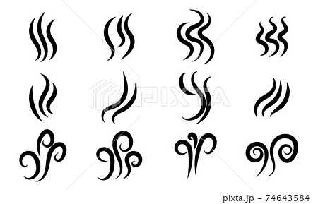 Aromas vaporize icons set. Steam aroma black logo smoke or perfume vapor smell. Hot aroma steam grill stink fire flat flame smoke. Mist puff vapour odour silhouette. Fume black icons set gas shape 74643584