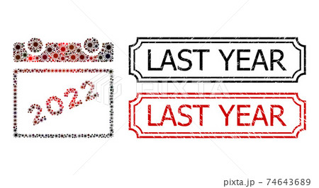 Last Year Scratched Stamps with Notches and 2022 Calendar Mosaic of Covid-2019 Elements Last Year Scratched Stamps with Notches and 2022 Calendar Mosaic of Covid-2019 Elements 74643689
