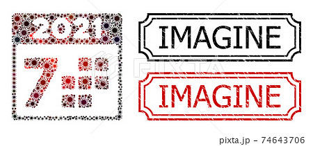 Imagine Grunge Seals with Notches and 2021 Year 7 Days Collage of Covid Virus Elements Imagine Grunge Seals with Notches and 2021 Year 7 Days Collage of Covid Virus Elements 74643706