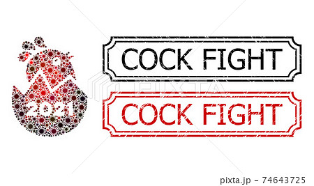 Cock Fight Textured Badges with Notches and 2021 Hatch Chick Collage of Coronavirus Icons 74643725