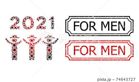 For Men Grunge Stamps with Notches and 2021 Gentlemen Dance Collage of Covid Virus Elements 74643727