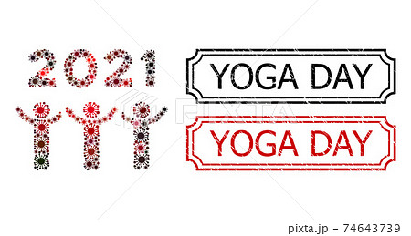 Yoga Day Distress Seal Stamps with Notches and 2021 Dancing People Collage of Covid Icons 74643739