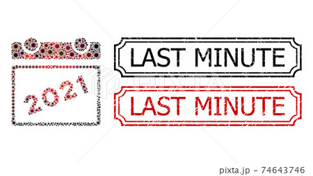 Last Minute Distress Seal Stamps with Notches and 2021 Calendar Collage of Covid Virus Icons Last Minute Distress Seal Stamps with Notches and 2021 Calendar Collage of Covid Virus Icons 74643746