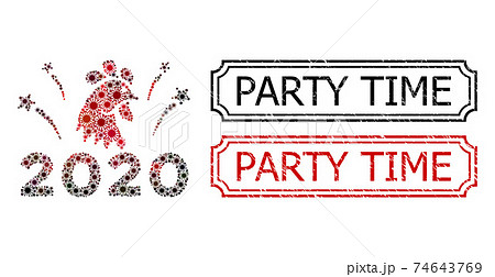 Party Time Textured Badges with Notches and 2020 Rooster Fireworks Mosaic of Coronavirus Elements Party Time Textured Badges with Notches and 2020 Rooster Fireworks Mosaic of Coronavirus Elements 74643769