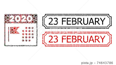 23 February Distress Stamps with Notches and 2020 Holiday Calendar Collage of Coronavirus Elements 74643786