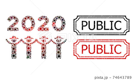 Public Textured Seal Stamps with Notches and 2020 Gentlemen Dance Collage of Covid Virus Icons 74643789