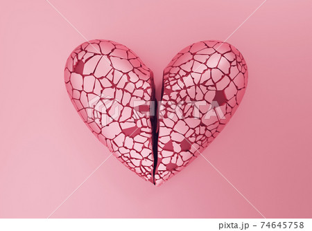 Broken cracked heart of classic shape on pink background, stop loving concept, 3d render 74645758