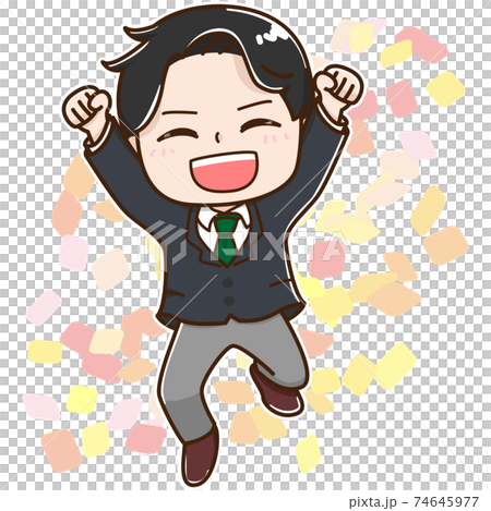 飛び跳ねて喜ぶ学生　男　ブレザー 74645977