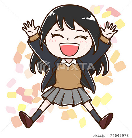 飛び跳ねて喜ぶ学生　ブレザー　女 74645978