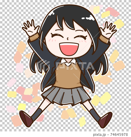 飛び跳ねて喜ぶ学生　ブレザー　女 74645978