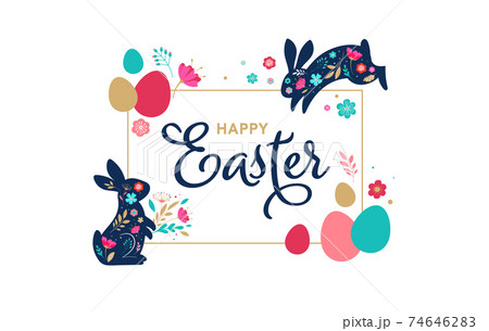 Happy Easter, decorated easter card, banner. Bunnies, Easter eggs, flowers and basket. Folk style Happy Easter, decorated easter card, banner. Bunnies, Easter eggs, flowers and basket. Folk style 74646283