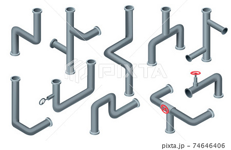 Isometric pipes. Water tubes, pipeline with valve. Oil, gas industry tube construction. Plastic plumbing system 3d vector isolated set. Pieces of pipes 74646406