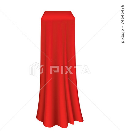 Covered object. Red silk fabric curtain cover. Revealer cloth realistic curtain for exhibition with a hidden object. Isolated object inside draped cloth on white background 74646436