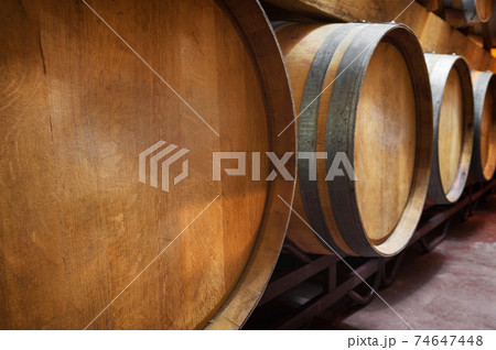 Cellar with barrels of wine Cellar with barrels of wine 74647448