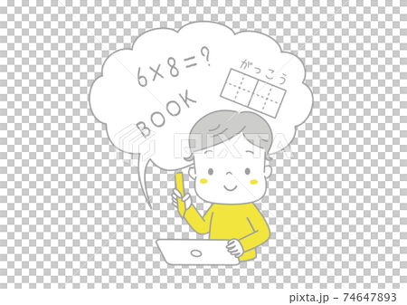タブレット学習　タブレット端末を使って遠隔授業を受ける男の子　勉強をする男の子 74647893