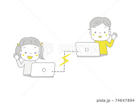 パソコンを使ってオンラインで会話を楽しむ子供たち　インターネットでビデオ通話 74647894