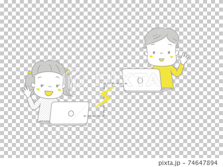 パソコンを使ってオンラインで会話を楽しむ子供たち　インターネットでビデオ通話 74647894