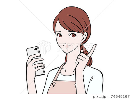スマホを持つエプロン姿の女性のイラスト素材 スマホを持つエプロン姿の女性のイラスト素材