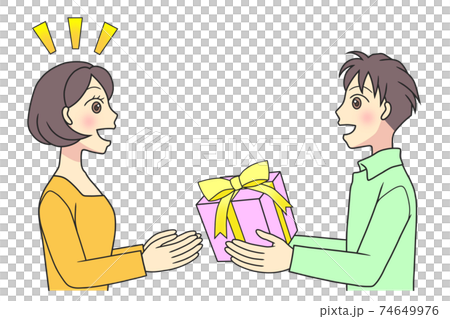 プレゼントを渡す若いカップル 74649976