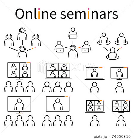 オンラインセミナー テレビ会議 線画 3色アイコン 黒基調のイラスト素材