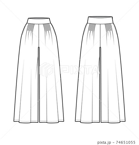 Set of Pants palazzo technical fashion illustration with low normal waist, high rise, pleats, full length, wide legs 74651055