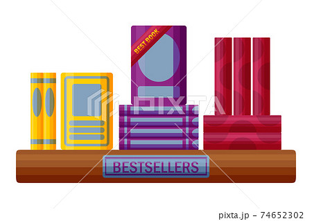Bestseller books with badge. Bookstore shelf in cartoon style. Vector illustration Bestseller books with badge. Bookstore shelf in cartoon style. Vector illustration 74652302