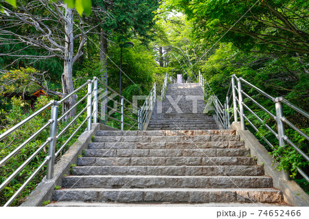 長い階段の先に新倉富士浅間神社の写真素材