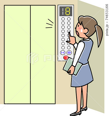 エレベーターで地震にあい全ての階のボタンを押す女性のイラスト素材