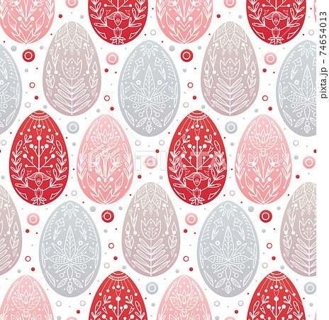 Seamless festive pattern with eggs and folk ornaments in row. Wallpaper with Easter treat. Wrapping paper with eggs with natural flower decoration. Multicolored texture 74654013