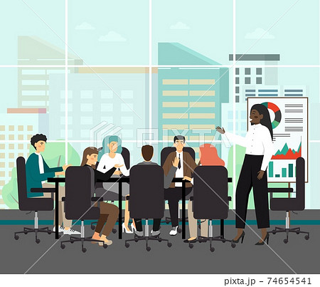 Black chairwoman, concept vector illustration. Board of directors meeting with black woman as a CEO. Business executive meeting and presentation. Business concefence and team work 74654541