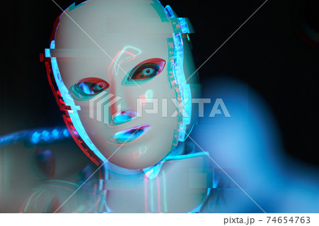Portrait of futuristic robot. Image with glitch effect. Portrait of futuristic robot. Image with glitch effect. 74654763