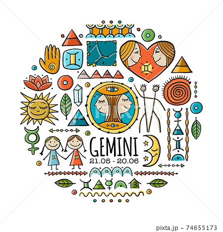 Illustration of Gemini zodiac sign. Element of Air. Design of Astrology Calendar, Horoscope, Print. Illustration of Gemini zodiac sign. Element of Air. Design of Astrology Calendar, Horoscope, Print. 74655173