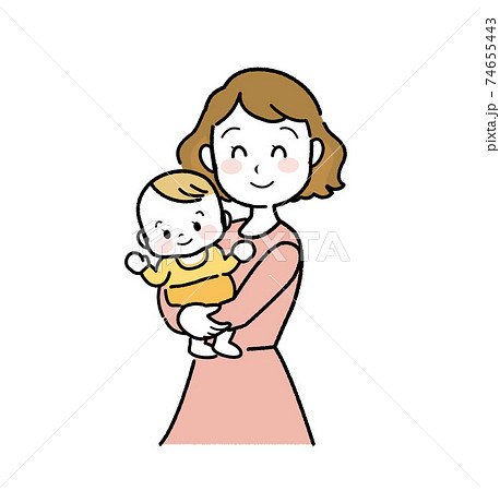 イラスト素材 赤ちゃんを抱っこする笑顔のお母さん 何かを見つけた表情のベビーのイラスト素材