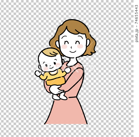 イラスト素材 赤ちゃんを抱っこする笑顔のお母さん 何かを見つけた表情のベビーのイラスト素材