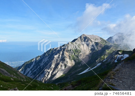 夏の白馬岳　白馬岳頂上宿舎付近から眺める白馬三山　杓子岳、白馬鑓ヶ岳と稜線 74656481