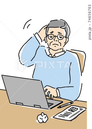パソコンで困っている高齢男性のイラスト パソコンで困っている高齢男性のイラスト 74656763