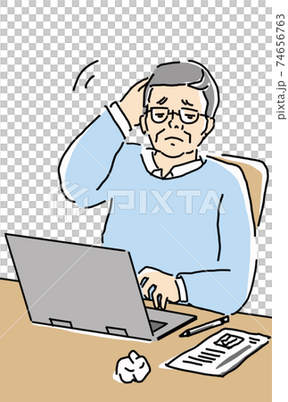 Illustration of an elderly man in trouble with a computer 74656763