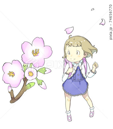 ランドセルを背負った小学生の女の子が桜を見て春に気づいたところ ランドセルを背負った小学生の女の子が桜を見て春に気づいたところ 74656770