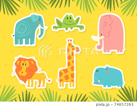 Cute African Animals Stickers Set, Giraffe, Rhino, Snake, Camel, Elephant Cute Mammals in Savannah Cartoon Vector Illustration 74657263