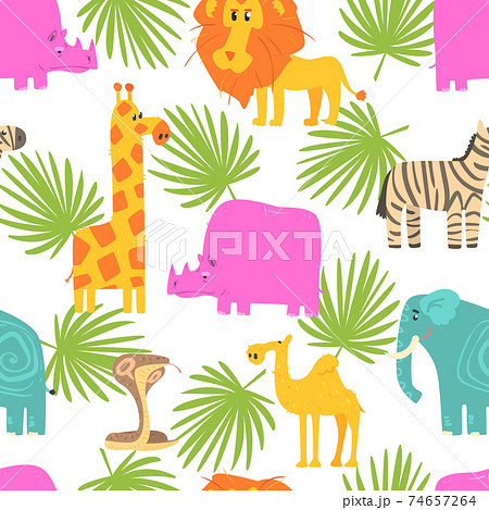 African Animals Seamless Pattern, Repeating Print with Cute Animals Background, Textile, Packaging, Wallpaper, Wrapping Paper Design Vector Illustration 74657264