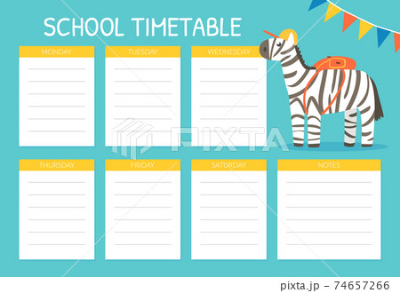 Timetable for Elementary School with Cute Funny Zebra Animal Character Cartoon Vector Illustration 74657266