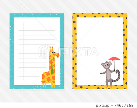 Childish Planner with Cute African Animals set. Cute Notebook Sheets, Planning Pages, Cards, Notes, Organizer Design Cartoon Vector Illustration 74657268