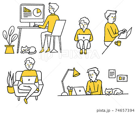 リモートワークする男性_セット リモートワークする男性_セット 74657394