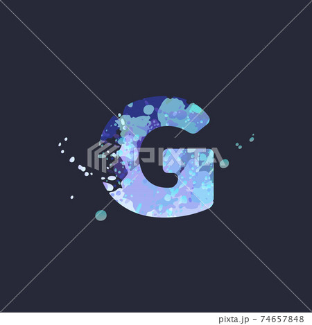 Bold letter G with effect of liquid spots of paint in blue, white, purple colors on dark navy background. Decoration element for winter design of a flyer, poster, calendar, cover, title. Vector EPS10 Bold letter G with effect of liquid spots of paint in blue, white, purple colors on dark navy background. Decoration element for winter design of a flyer, poster, calendar, cover, title. Vector EPS10 74657848