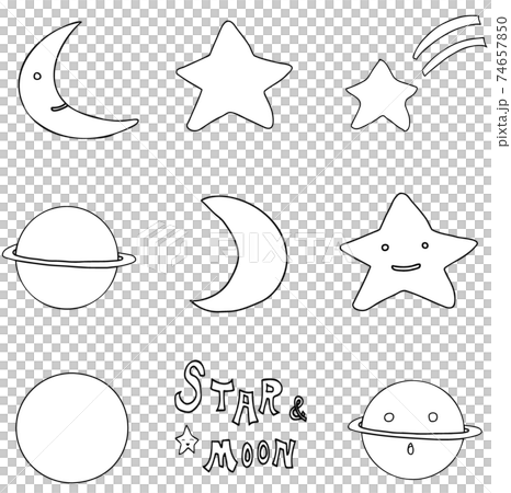 星星，月亮和土星的各種單色線條藝術插圖 74657850