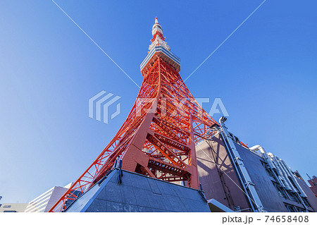 東京タワー　見上げる東京タワー　青空 74658408