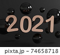 Creative concept of 2021 Happy New Year. Abstract minimal scene with geometrical forms. Rose gold symbol flying with sphere on black background. 3d render. 74658718