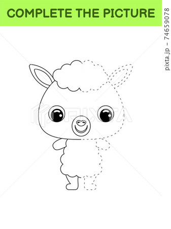 Complete drawn picture of cute alpaca. Coloring book. Dot copy game. Handwriting practice, drawing skills training. Education developing printable worksheet. Activity page. Vector illustration. 74659078