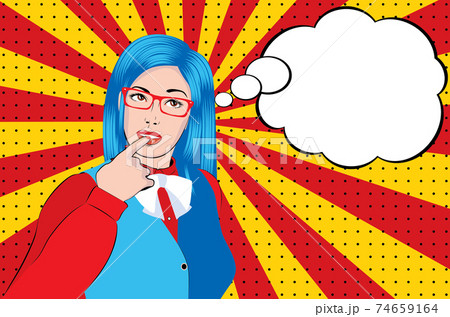 Thoughtful girl in eyeglasses pop art 74659164
