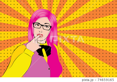 Thoughtful girl in eyeglasses pop art Thoughtful girl in eyeglasses pop art 74659165
